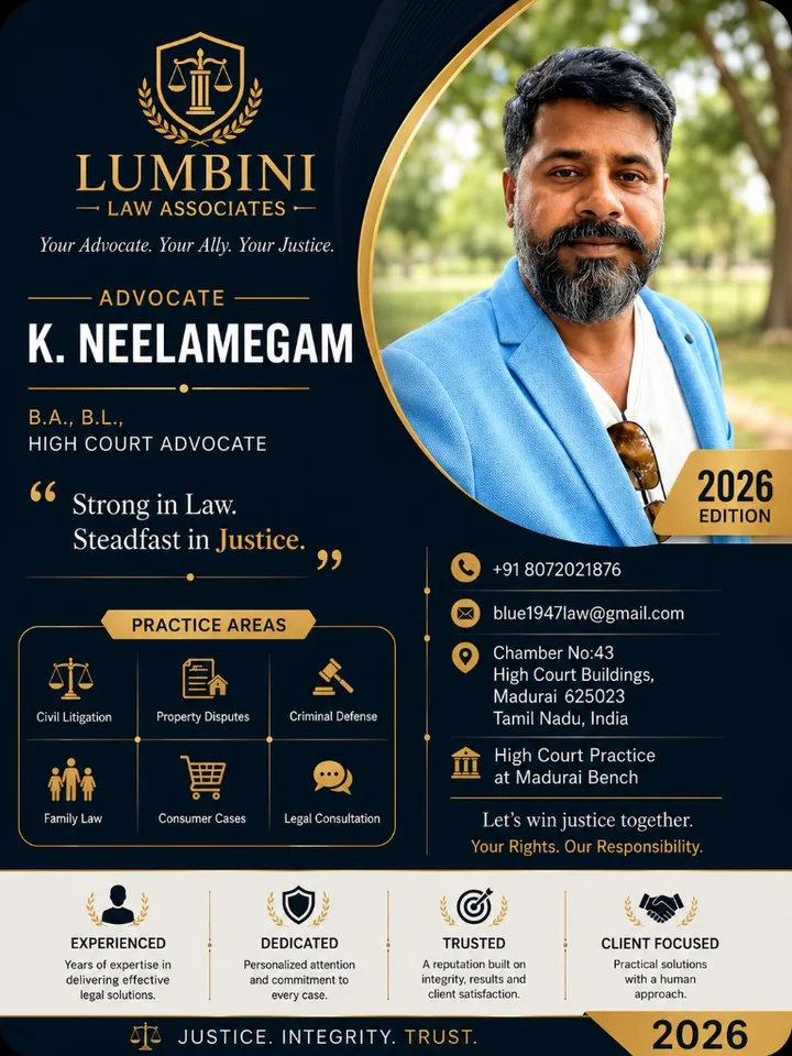 Advocate K. Neelamegam — Lumbini Law Associates Madurai legal services poster