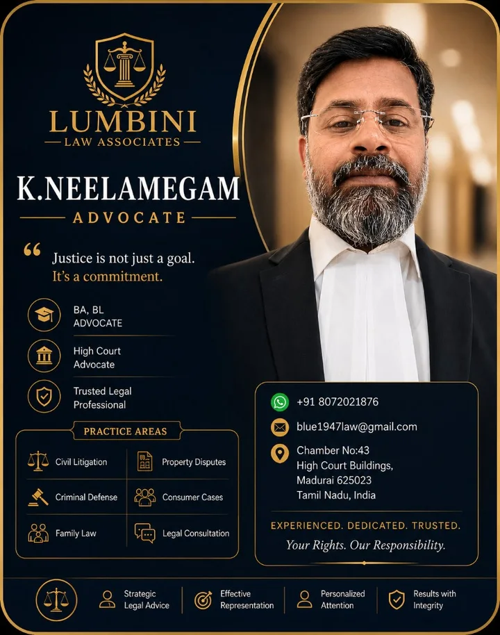 Lumbini Law Associates — Advocate K. Neelamegam High Court advocate professional poster